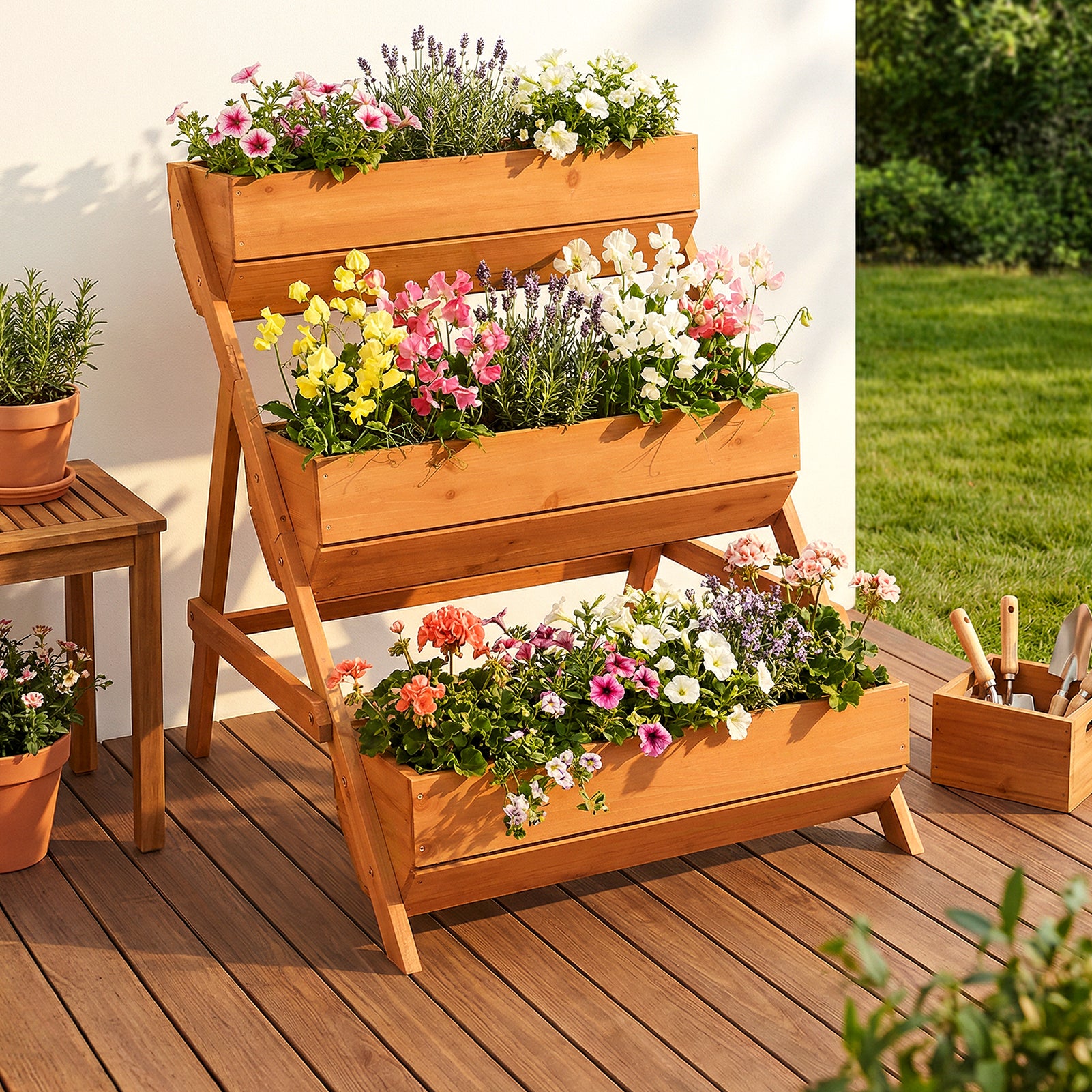 2.1x2.5ft 3 Tier Wooden Planter Box Fir Wood Garden Raised Bed